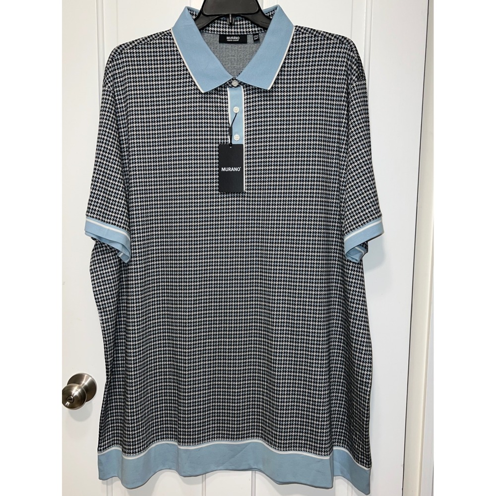NWT Murano Liquid Luxury Mens 4XT Blue Houndstooth Cotton Lyocell Polo Shirt